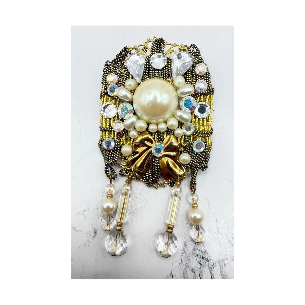 Embellished Brooch Faux Pearl AB Rhinestone Ribbon Dangle Gold Tone Pin 3.75"